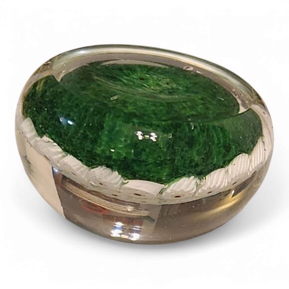 Vintage Murano Millefiori Art Glass Paperweight, White and Green, about 3" wide - Picture 3 of 7